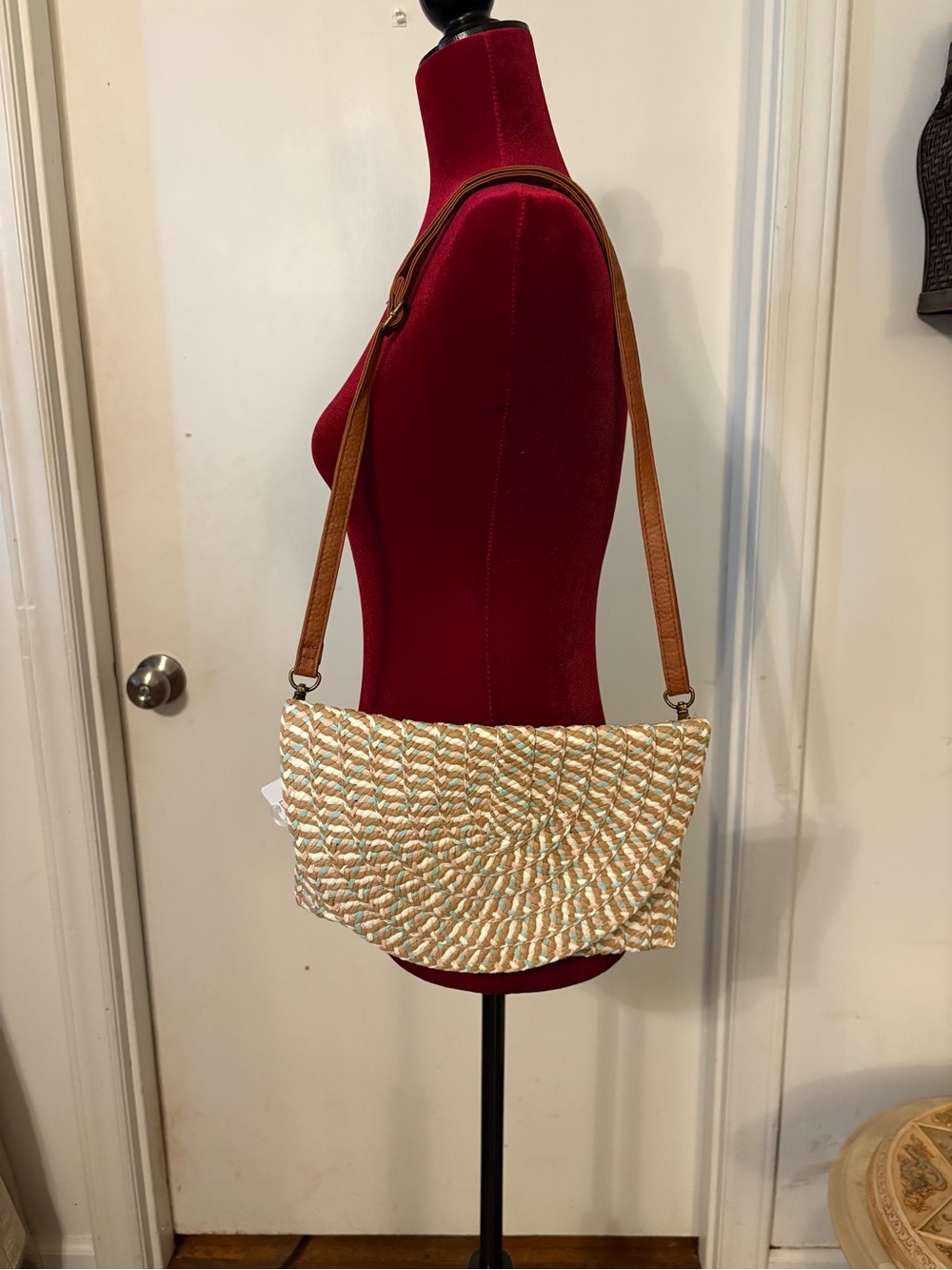 Woven Straw Shoulder Bag with Tan Strap
